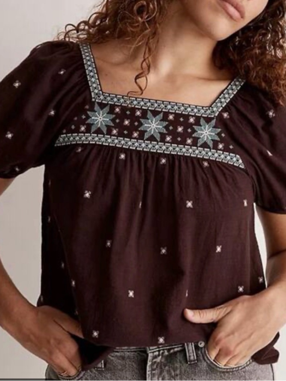 Madewell Brown Square-Neck Embroidered Blouse with Light Blue Accents